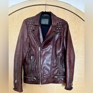 All Saints Brown Leather Motorcycle Jacket Asymmetrical Zipper
